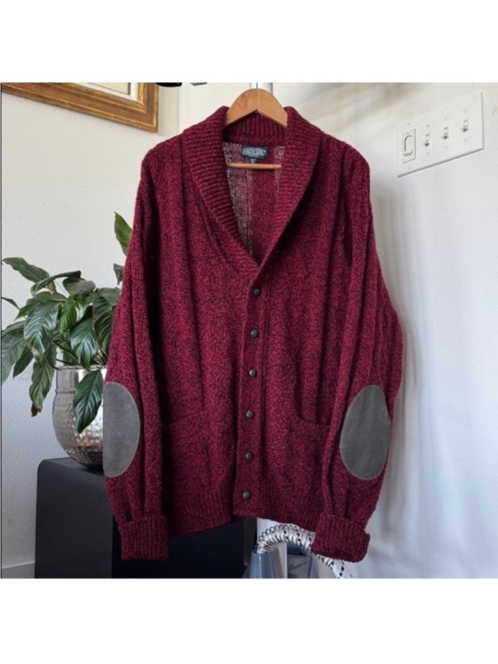 Vintage 90s Men’s Grandpa Knit Wool Sweater Cardigan Sz XL Suede elbow patch Red